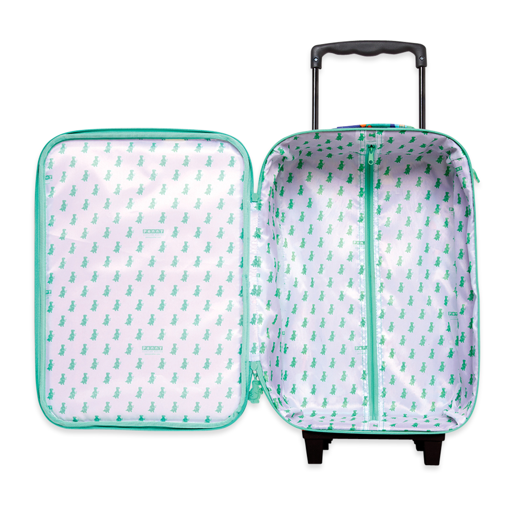 Penny Scallan Kids 2 Wheel Suitcase Dino Rock open view