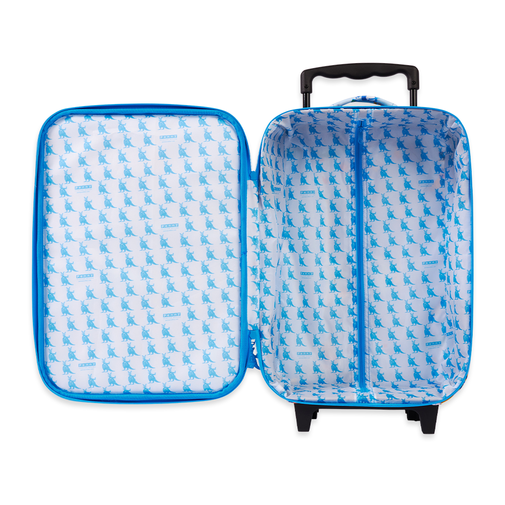 Penny Scallan Kids 2 Wheel Suitcase Kanga Crew open view