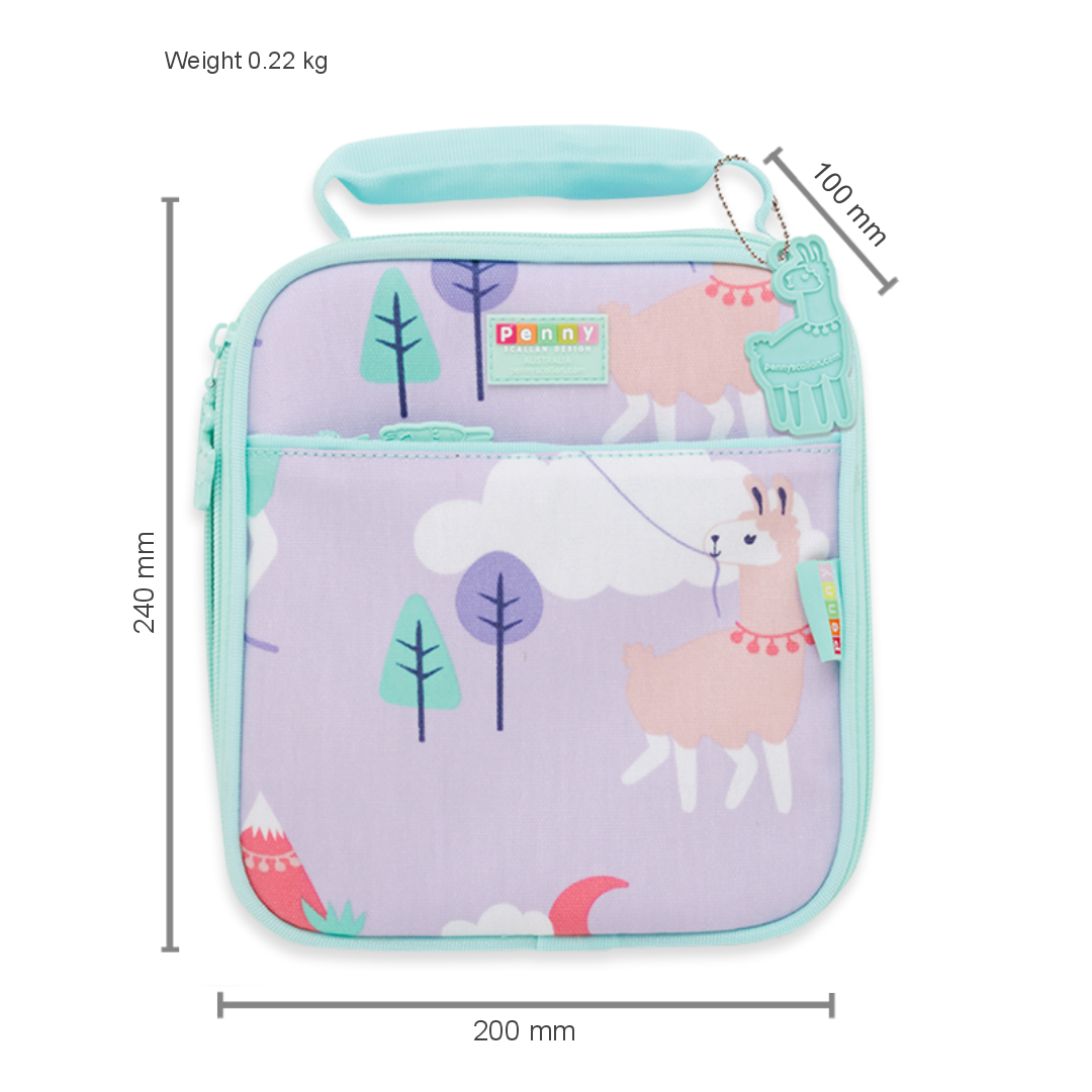 Penny Scallan Mini Insulated Lunch Bag Loopy Llama with dimension